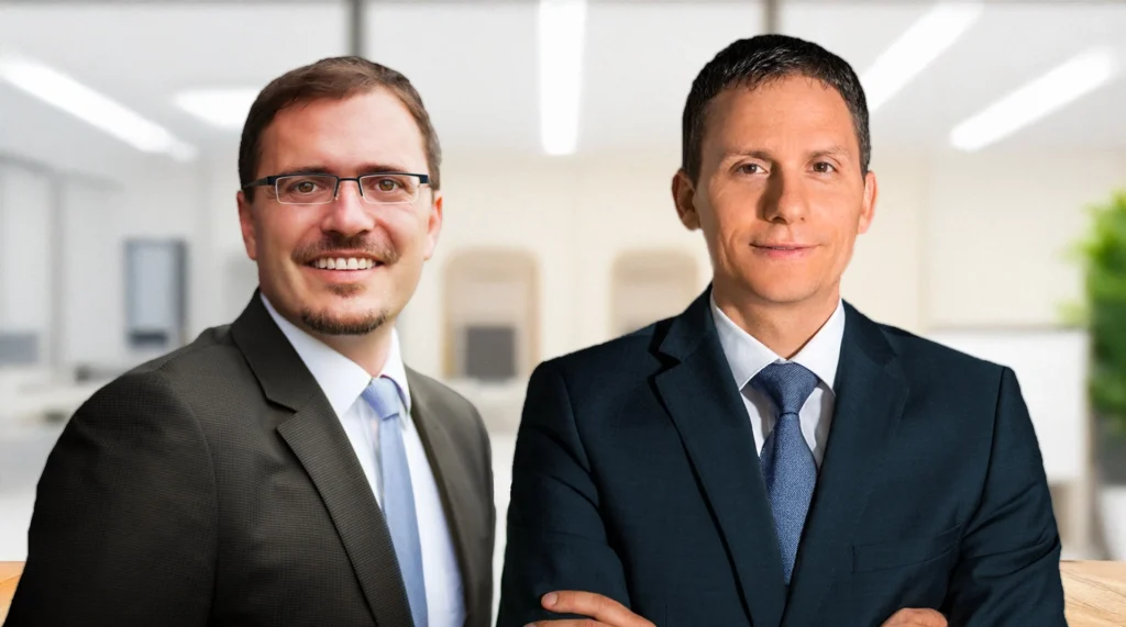Christian Waldraff und Thomas Walser stehen im Anzug in einem Büro
